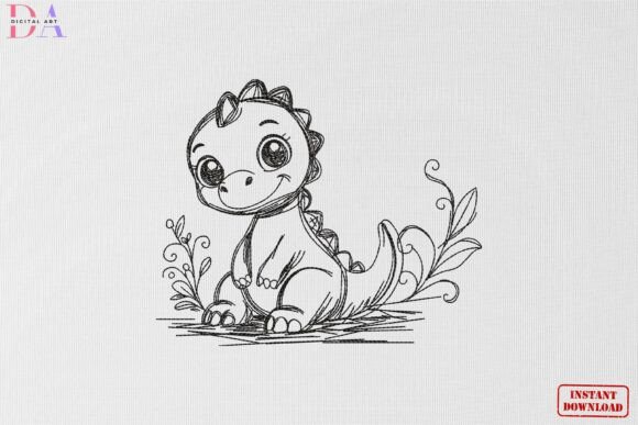 Cute Baby Dino Sketch Animal Art: A Timeless Design for Embroidery Lovers